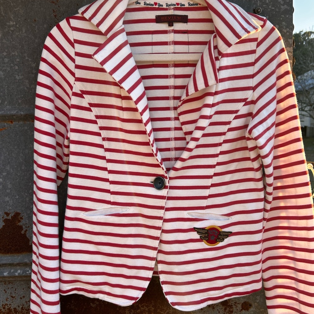 Review Red & White Striped Cotton Blazer Jacket One Button Pockets Embroidered